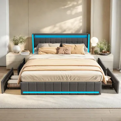 Obrázek produktu pro Postel INONEFT, rozměr 140x200 cm, s úložným prostorem, čalouněná postel s LED osvětlením, s porty typu C a USB, mládežnická postel se 4 zásuvkami, materiál: len, barva: tmavě šedá