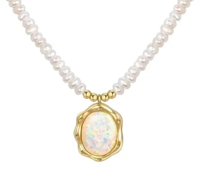 Produktbild von UNGUGU Weiße Opal Perlen Kette,Opal Farbspiel Geburts Stein Kette for Frauen