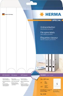 Image de Étiquettes classeur A4 blanches 34x297 mm papier mat opaque 125 pcs.