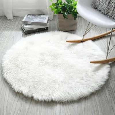 Obrázek produktu pro Kulatý koberec, bílý, plyšový, 120 cm, Umělá kožešina