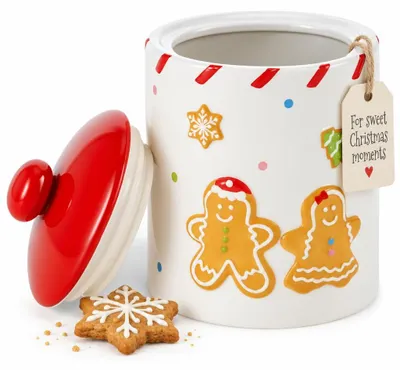 Keramik-Vorratsdose 18 cm, Lebkuchenmann, rot-weiß, Weihnachten