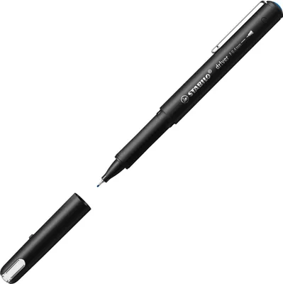 A black STABILO Fineliner pen with its cap removed, shown diagonally against a white background.