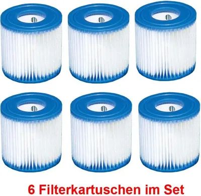 Six pool filter cartridges arranged in two rows of three.