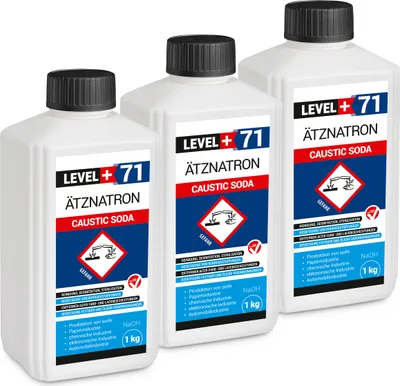 Produktbild von Kaustisches Soda 3St. FLASCHE 1kg NaOH, Natriumhydroxid Ätznatron, RM71