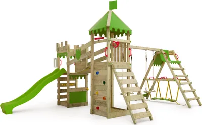 A wooden playground set with a slide, swings, and climbing features, set against a white background.