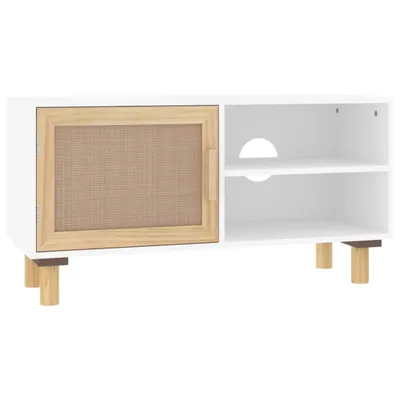 Produktbild von vidaXL TV-Schrank Weiß 80x30x40 cm Massivholz Kiefer und Natur-Rattan