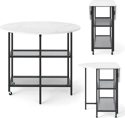 A round drop-leaf kitchen cart with two shelves is shown from multiple angles against a white background.