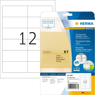 Obrázek produktu pro HERMA 4586, Průhledná, Zaoblený obdélník, Permanentní, A4, Univerzální, Polyester