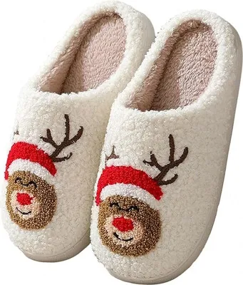 Produktbild von Hausschuhe Damen Plüsch Flauschige Pantoffeln Niedliche Cartoon Hausschuhe Weihnachten Halloween Rutschfeste Warm Slippers, Smile Elch, 44-45