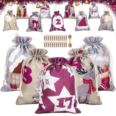 Obrázek produktu pro Adventní kalendář k naplnění, 24 látkových sáčků s vánočními motivy, rozměry 15x10 cm, včetně provázku a sponek