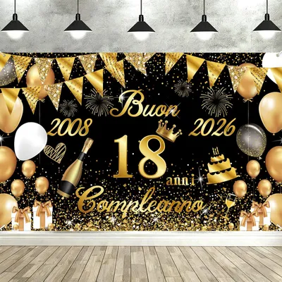 Geburtstagsbanner 18. Geburtstag 2008-2026, Gold Schwarz 180x110 cm