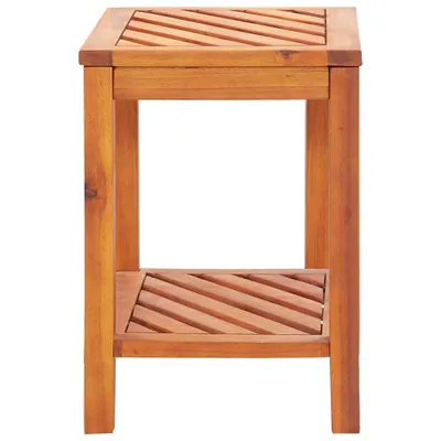 A wooden side table with a slatted top and shelf, shown against a white background.