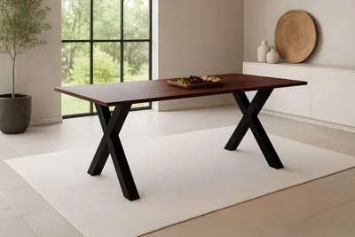 Produktbild von Esstisch 180x90 cm Akazie massiv kastaniefarben Schweizer Kante X-Gestell schwarz RITA