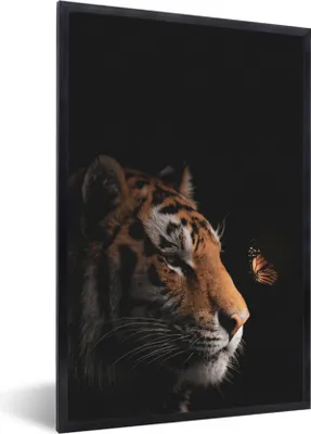 Produktbild von MuchoWow® MuchoWow® Gerahmtes Poster Tiger - Schmetterling - Schwarz 60x90 cm - Poster mit zchwarzem Bilderrahmen - Kunst