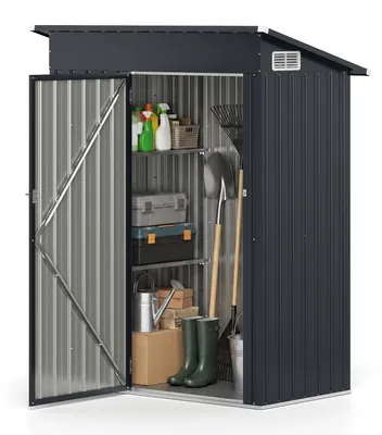 Productafbeelding van COSTWAY Tuinhuis, metalen schuur, tuinhuis met 2 verstelbare planken, schilddak, 2 ventilatieopeningen en deur, metalen schuur 150x89,5x186 cm