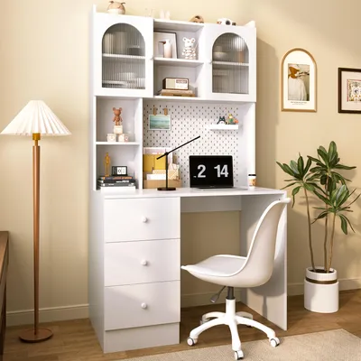 Produktbild von Flieks Moderner Schreibtisch mit integriertem Schrank, Lernschreibtisch mit Pinnwand-System, 3 Schubladen, Glasfronten, Bürotisch 100x55x180cm, Weiß