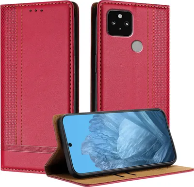 Produktbild von Handyhülle für Google Pixel 5 Leder Flip Klappbare Schutzhülle mit Standfunktion Rot