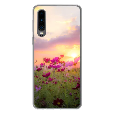 Produktbild von MuchoWow® Handyhülle Schutzhülle Hülle für Huawei P30 Sonnenuntergang - Blumen - Rosa - Natur - Grün Silikon Softcase Handy Hülle - Kartenbesitzer