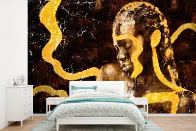 Produktbild von MuchoWow® Fototapete für Wohnzimmer oder Schlafzimmer Wandtapete Vinyl Motivtapete Frau - Schwarz - Gold - 360x240 cm - Vinyl-Tapete