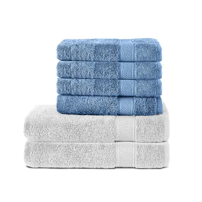 Produktbild von Komfortec 6er Handtuch Set aus 100% Baumwolle, 2er Badetücher 70x140 cm und 4er Handtücher 50x100 cm , Frottee, Weich, Hellblau/Weiß