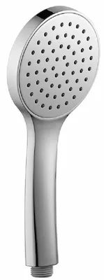 A close-up studio shot of a chrome-plated hand shower head against a white background.