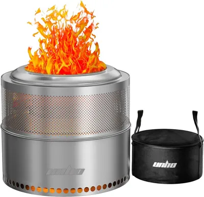 Produktbild von Outdoor-Feuerstelle ohne Rauchabzug, 50 x 41,5 cm, tragbarer Kamin, Edelstahl, Feuerkorb für Garten, Camping, Holzofen mit Tragetasche