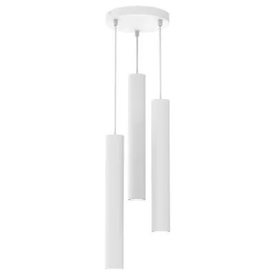 A white pendant light with three cylindrical shades hanging from a circular base.