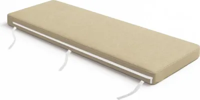 A beige bench cushion with white ties, shown from a diagonal angle on a white background.