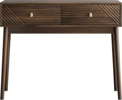 Produktbild von Schreibtisch Walnuss 100x35x80 cm Century Modern Konsolentisch Schubladen Retro-Empfangstisch offenen Ablageflaechen Sofatisch Wohnzimmer Foyer Flur