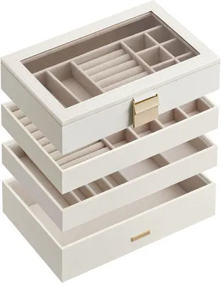 Productafbeelding van Unyqoos® Sieradendoos, 4-laags, stapelbaar met glazen deksel, wit – grote sieradendoos, 17 x 28 x 18,3 cm, MDF met fluweelvoering, met ladeverdelers