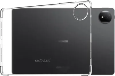 A clear protective case is shown on the back of a dark tablet.