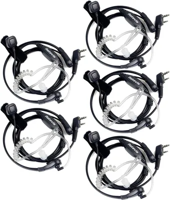 A collection of five Retevis throat microphone headsets arranged in a grid on a white background.