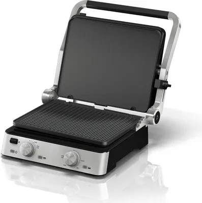A product shot of an open electric grill.