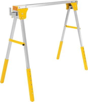 Obrázek produktu pro Pilařský stojan pro řetězovou pilu – skládací – nosnost 1200 kg – 6 výškových stupňů – výškově nastavitelný 72,6–89 cm – ocel a TPR – elektrolyticky pozinkovaný – žlutý