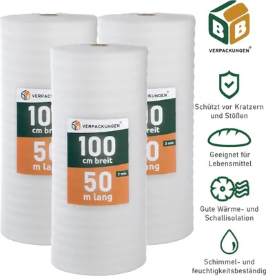 Produktbild von Trittschalldämmung (150 m²) multifunktionale PE-Schaumfolie 3mm für diverse Fußböden und Warmwasserfußbodenheizung Polster BB-Verpackungen