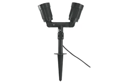 A black dual spotlight garden light with a stake and cable.