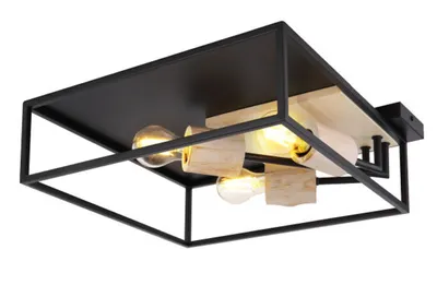 Image de Globo Lighting Plafonnier métal noir mat, bois naturel, LxlxH : 440x440x145mm, excl. 3x E27 15W 230V
