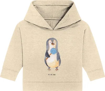 Produktbild von Mr. & Mrs. Panda Organic Baby Hoodie Pinguin Lolli 12. - 18. Monat - Natural Raw - Geschenk, Heißhunger, Süßigkeiten, Spruch, Blödsinn, Kapuzenshirt, Kapuzensweatshirt