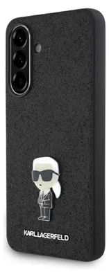 A black phone case with a Karl Lagerfeld figurine and logo.