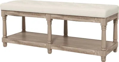 Produktbild von Vintage Sitzbank mit Stauraum, Knopfheftung, Kautschukbaumholz, 115x40x48cm, Cremeweiß, Wohnzimmer Aufbewahrungsbank