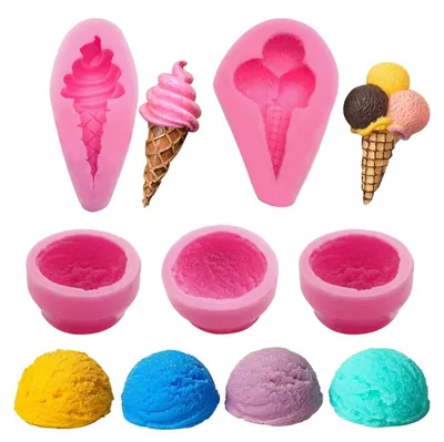 Immagine prodotto di Stampi in silicone per dolci, set da 5 pezzi, con forme 3D a sfera di gelato e mini stampi per fondente, ideali per torte, cioccolato, dessert, progetti fai-da-te, candele e sapone