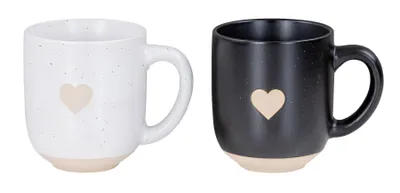 Produktbild von 2er Set Steingut Tassen Schwarz Weiß 300ml Herz Kaffeebecher Kaffeetasse Geschenk für Paare