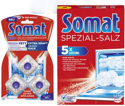 Produktbild von Somat Spülmaschinen Reinigungsset Spezialsalz 1,2 kg 3 Tabs Maschinenreiniger