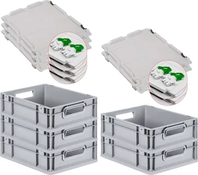 Produktbild von SuperSparSet 5x Eurobox NextGen Grip mit Scharnierdeckel und grünen Schiebeschnappverschlüssen | HxBxT 12x30x40cm | 11 Liter | Grau | Griffe offen | Glatter Boden | Eurobehälter, Transportbox, Transportbehälter, Stapelbehälter