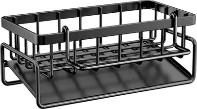 A black metal kitchen sink organizer with a tray.