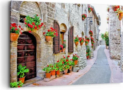 Produktbild von Bild auf Leinwand - Leinwandbild - Italien Straße Blumen Geschichte - 120x80cm - Wand Bild - Wanddeko - Leinwanddruck - Bilder - Kunstdruck - Leinwand bilder - Wandkunst - AA120x80-2817