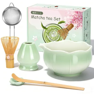 Produktbild von Matcha Besen Set Grün mit Schale, Bambus Besen, Halter, Sieb, Löffel