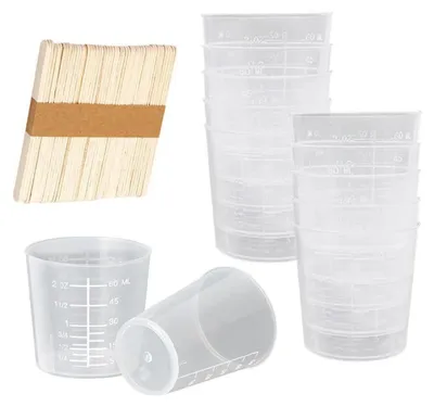Produktbild von Messbecher Set 30x 60ml Kunststoff mit Skala & 50x Holz-Rührstäbchen transparent