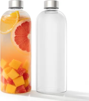 Produktbild von XINZI 2er Set Glastrinkflaschen 1000 ml mit Edelstahl-Deckel, Glasflaschen für heiße & kalte Getränke, spülmaschinenfest