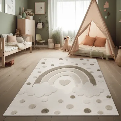 Immagine prodotto di Tappeto moderno per bambini Tappeto gioco a pelo morbido effetto 3D Camera dei bambini Crema Sabbia Dimensioni 80x150 cm
